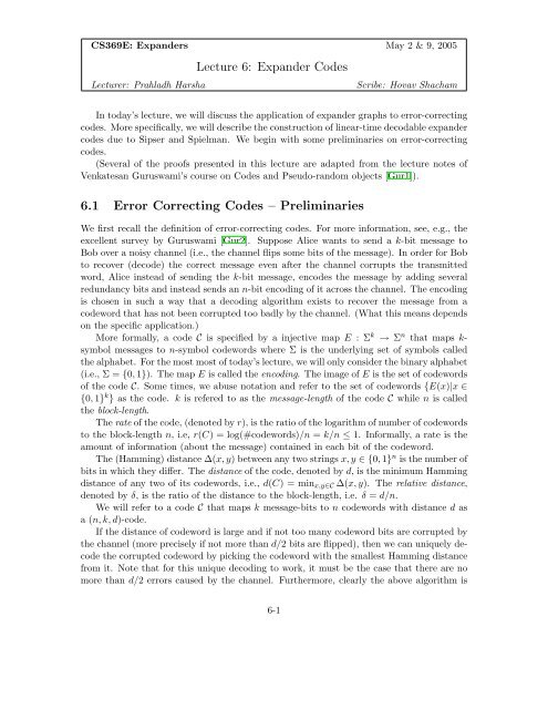 Lecture 6: Expander Codes 6.1 Error Correcting Codes â Preliminaries