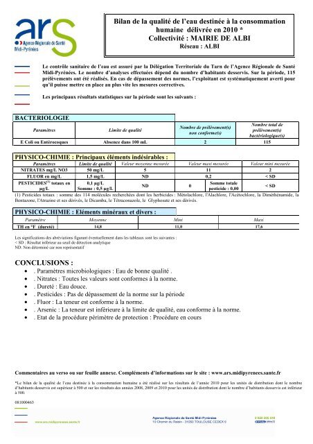 Bilan de la qualitÃ© de l'eau destinÃ©e Ã  la consommation ... - Albi