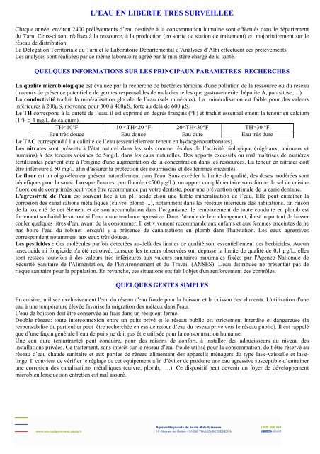 Bilan de la qualitÃ© de l'eau destinÃ©e Ã  la consommation ... - Albi