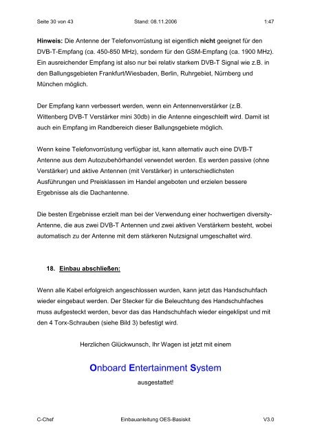 Onboard Entertainment System OES Einbauanleitung OES-Basiskit