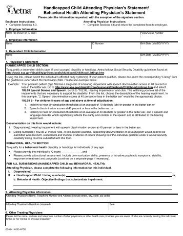 Handicapped Child Attending Physician's Statement/ Behavioral ...