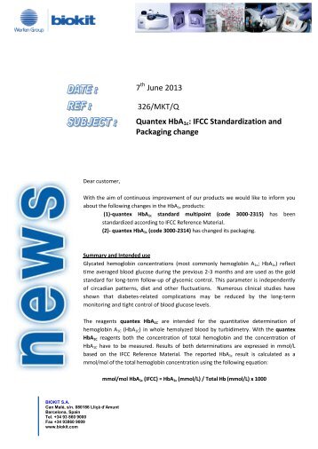 7 June 2013 326/MKT/Q Quantex HbA1c: IFCC ... - Biokit