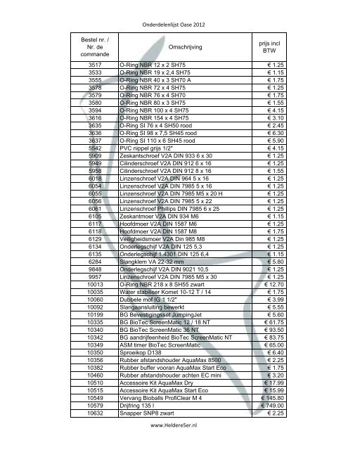 Onderdelenlijst Oase 2012 Bestel nr. / Nr. de commande ...