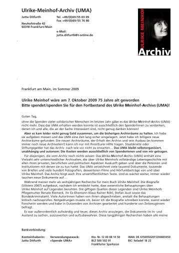 Spendenbrief Ulrike-Meinhof-Archiv (UMA) - Jutta Ditfurth