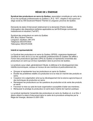 Demande d'intervention du Synd. des prod. en serres - RÃƒÂ©gie de l ...