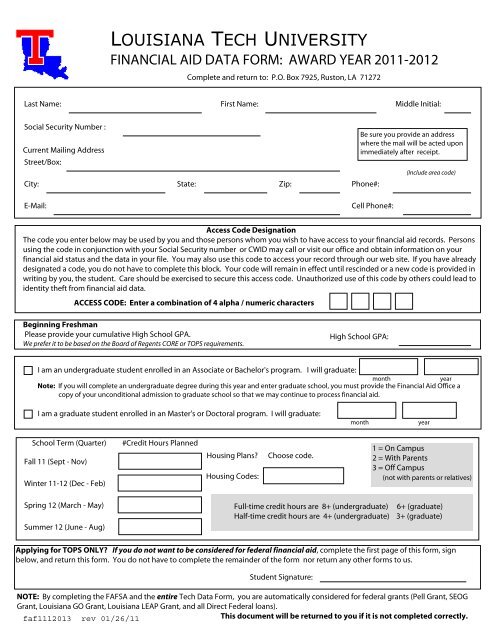 Data Form (Fill and Print) - Louisiana Tech University