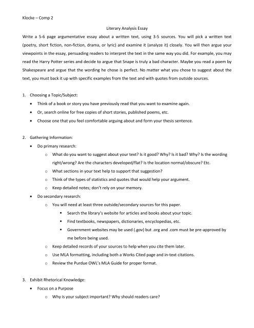 Persuasive Essay Topics High School Klocke Comp Literary Analysis Essay Write A Page Critical Analysis Essay Example Paper also Sample Of Synthesis Essay Klocke Comp Literary Analysis Essay Write A Page Modest Proposal Essay