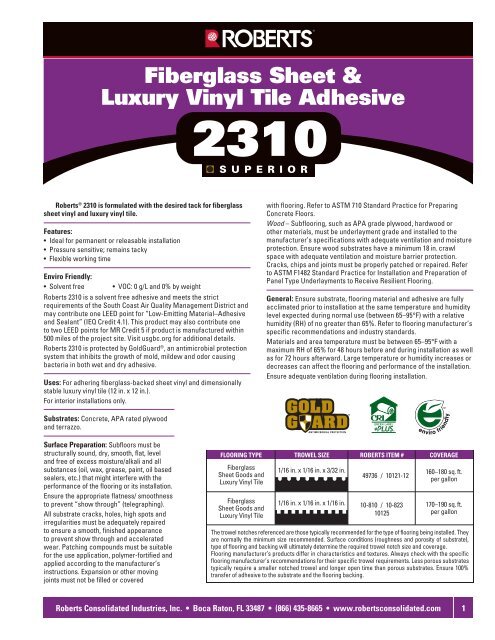 Roberts Vinyl Adhesive 2310 Directions & Information