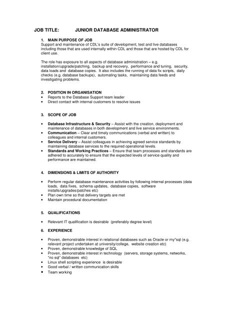Job Title Junior Database Administrator