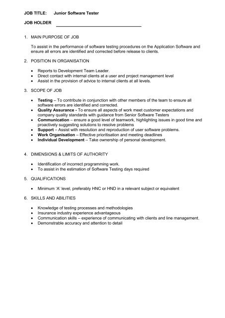 Job Title: Junior Software Tester Job Holder 1. Main ...