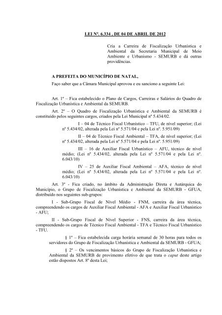 LEI NÂº 6.334 DE 04 DE ABRIL DE 2012 - Prefeitura Municipal do Natal