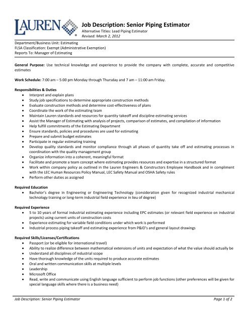 Project estimator roles and responsibilities
