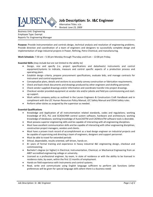 Job Description: Sr. I&C Engineer - Lauren Engineers Job Description: Sr. I&C Engineer - Lauren Engineers
