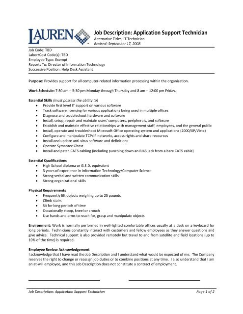 Job Description Application Support Technician