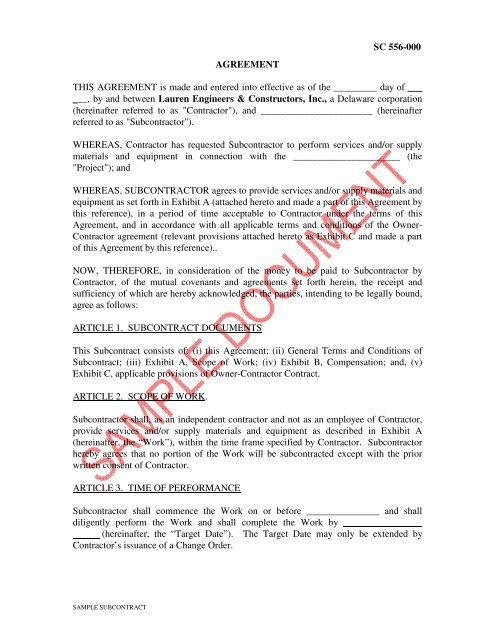 Sample Subcontract Agreement - Lauren Engineers & Constructors