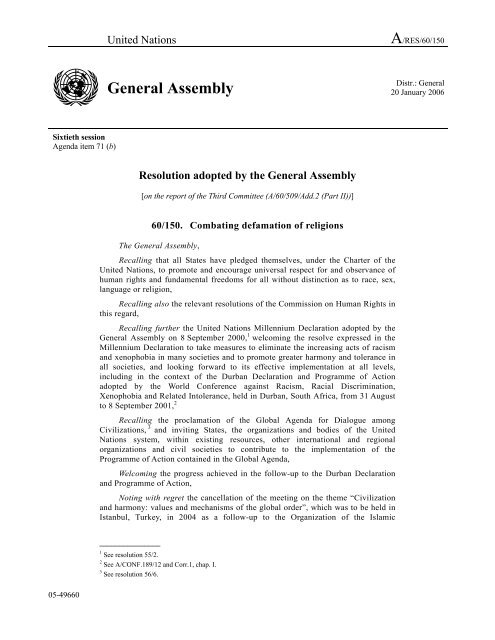 General Assembly resolution 60/150 - Religion and Law Consortium