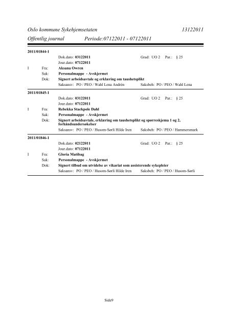 Offentlig journal Periode:07122011 - Sykehjemsetaten