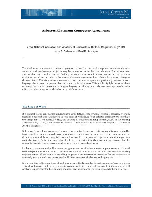 Asbestos Abatement Contractor Agreements The Scope of Work