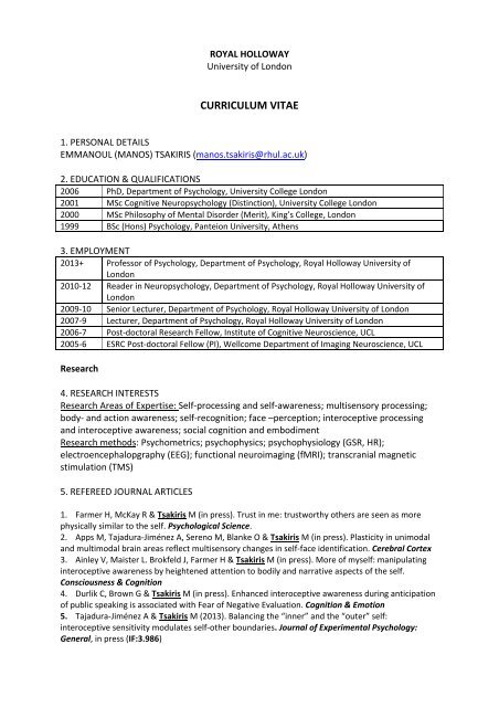 CURRICULUM VITAE - Department of Psychology - Royal Holloway ...