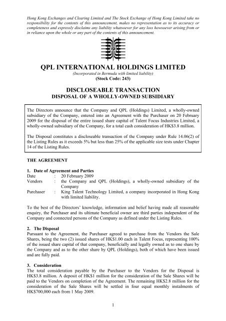 Discloseable Transaction Disposal Of A Wholly Owned Subsidiary