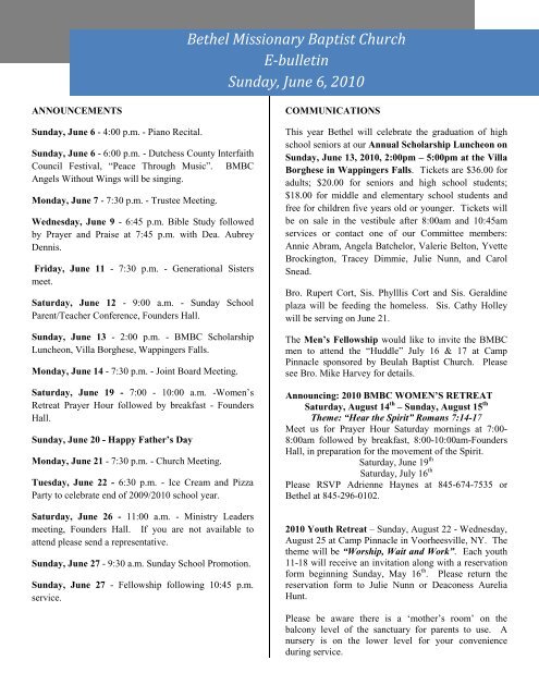 Bethel Missionary Baptist Church E-Bulletin