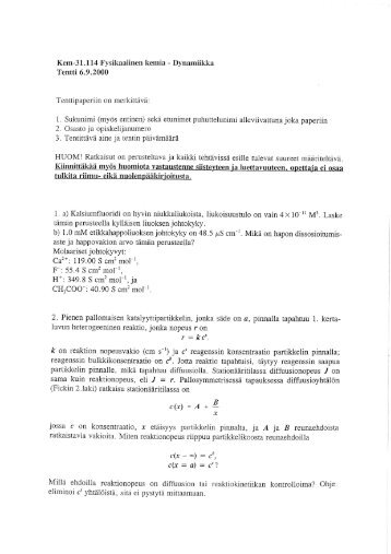 Kem-31.114 Fysikaalinen kemia - Dynamiikka Tentti ... - Kemistikilta
