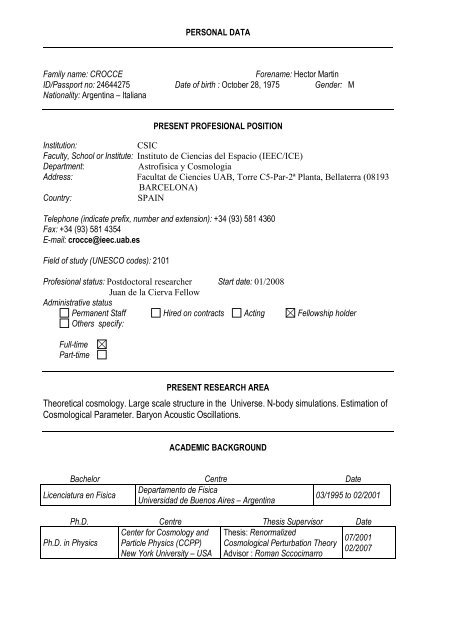 Curriculum vitae Standardized form