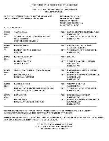 Fayetteville Hearing—May 7-9 - North Carolina Industrial Commission