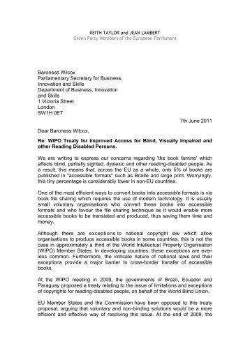Letter to the Parliamentary Secretary for ... - Keith Taylor MEP