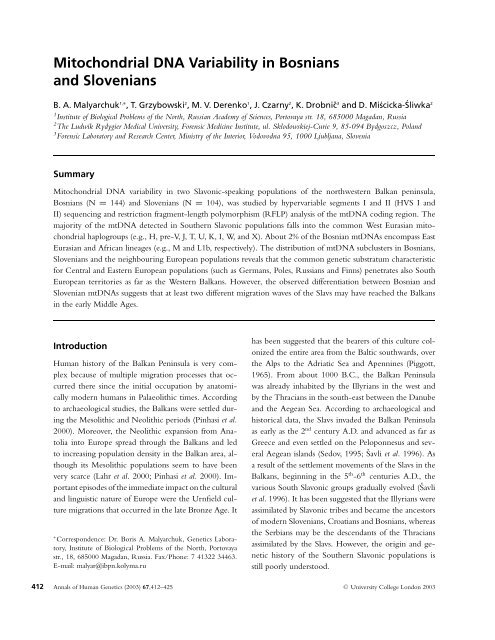 Mitochondrial DNA Variability in Bosnians and Slovenians