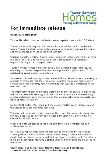 THH set to improve repairs service - Tower Hamlets Homes