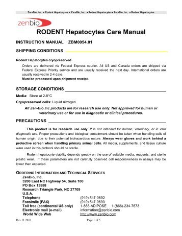 RODENT Hepatocytes Care Manual - Zen-Bio Inc.