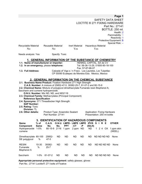 Loctite 271 - MSDS Sheet - Haldex