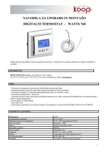 navodila za uporabo in montaÅ¾o digitalni termostat - watts 760