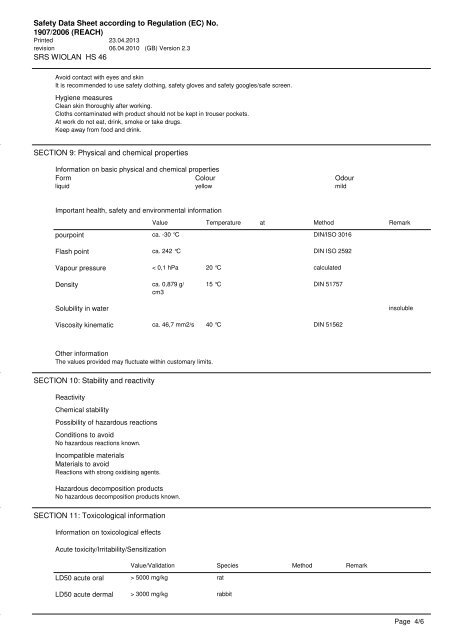 MSDS SRS Wiolan HS 46 - SRS Schmierstoff Vertrieb GmbH