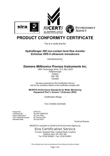 PRODUCT CONFORMITY CERTIFICATE - Sira Environmental