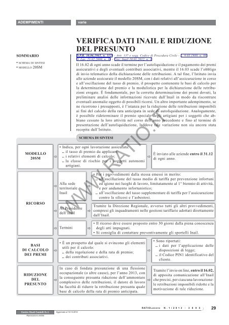 Verifica dati Inail e riduzione del presunto - Ratio