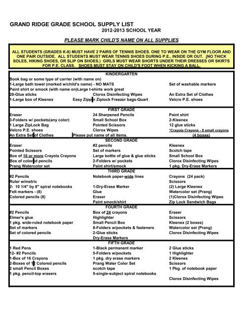 GRAND RIDGE GRADE SCHOOL SUPPLY LIST Grgs95