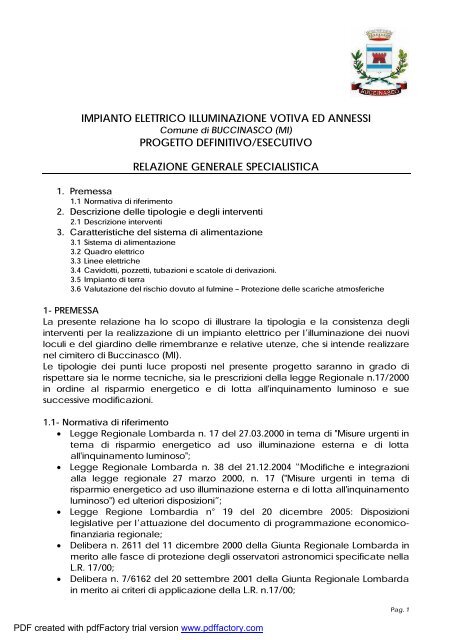 Relazione generale specialistica impianti elettrici - Comune di ...