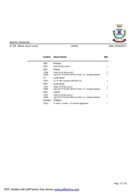 Relazione generale specialistica impianti elettrici - Comune di ...