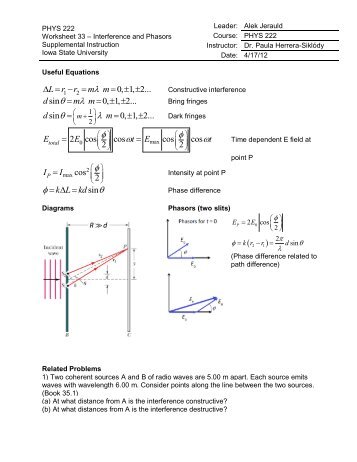 PHYS 222 Worksheet 33 Interference and Phasors - Iowa State ...