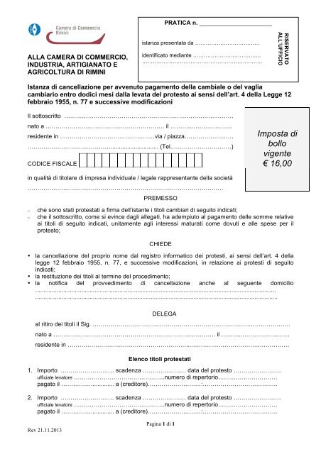 Istanza di cancellazione per avvenuto pagamento - Camera di ...