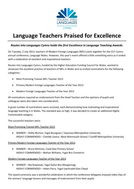 Language Teachers Praised for Excellence - Routes Into Languages