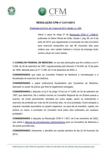 ResoluÃ§Ã£o CFM n. 2011/2013 - Conselho Federal de Medicina