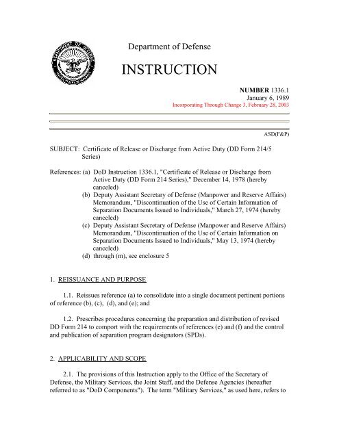 DoD Instruction 1336.1, January 6, 1989 - Veterans to the DD214 ...