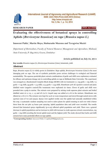 Evaluating the effectiveness of botanical sprays in controlling Aphids (Brevicoryne brassicae) on rape (Brassica napus L. )