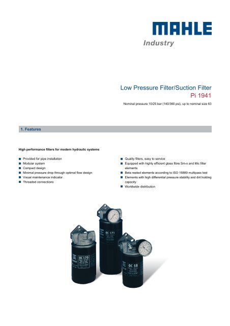 Low Pressure Filter/Suction Filter Pi 1941 - MAHLE Industry - Filtration