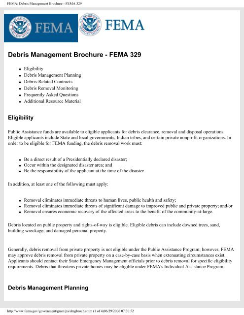 FEMA: Debris Management Brochure - FEMA 329 - CT.gov