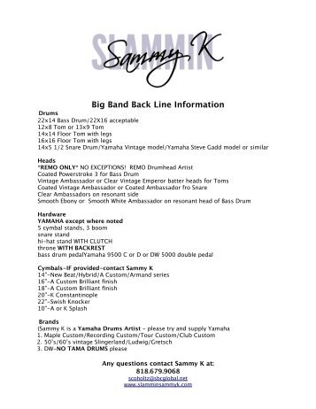 Big Band Backline Requirements - Slammin Sammy K