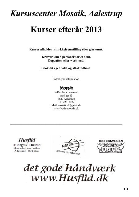 Kursusprogram efterÃ¥r 2013 - Husflidsmessen Kreativ Fritid